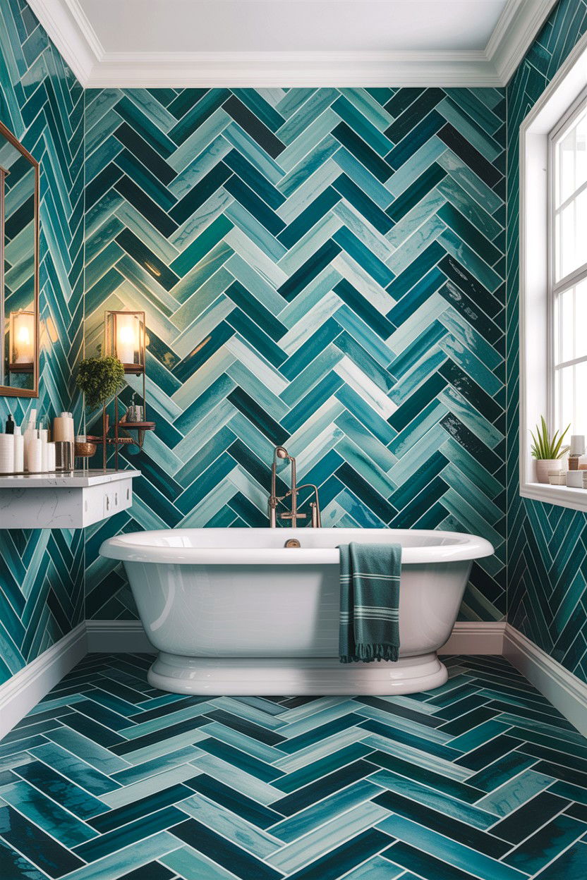 Teal Herringbone Tile - 30 teal bathroom decor ideas