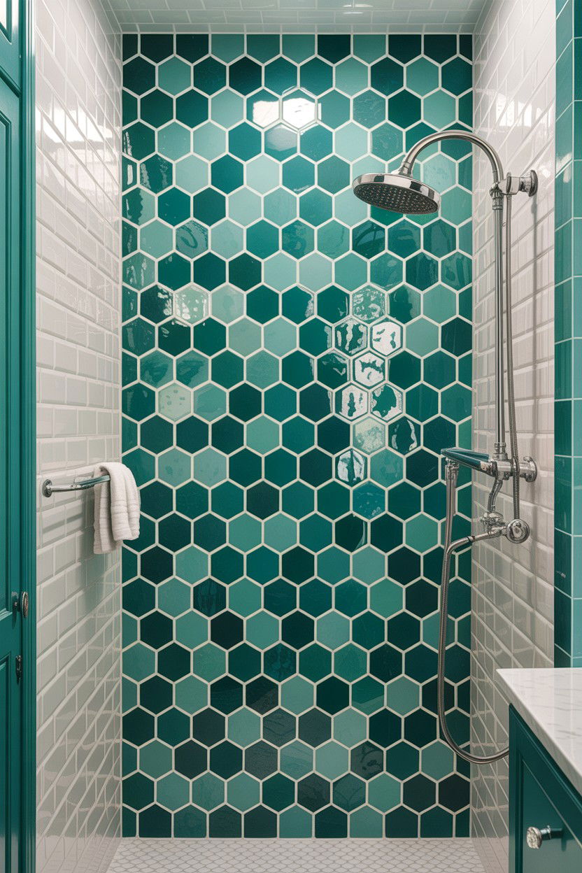 Teal Hexagon Tile Shower Wall - 30 hexagon tile bathroom ideas