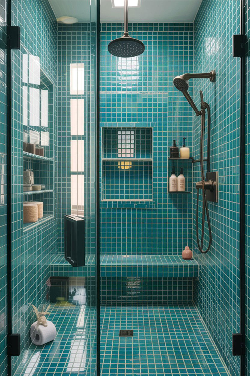 Teal Mosaic Tile Shower - 30 teal bathroom design ideas