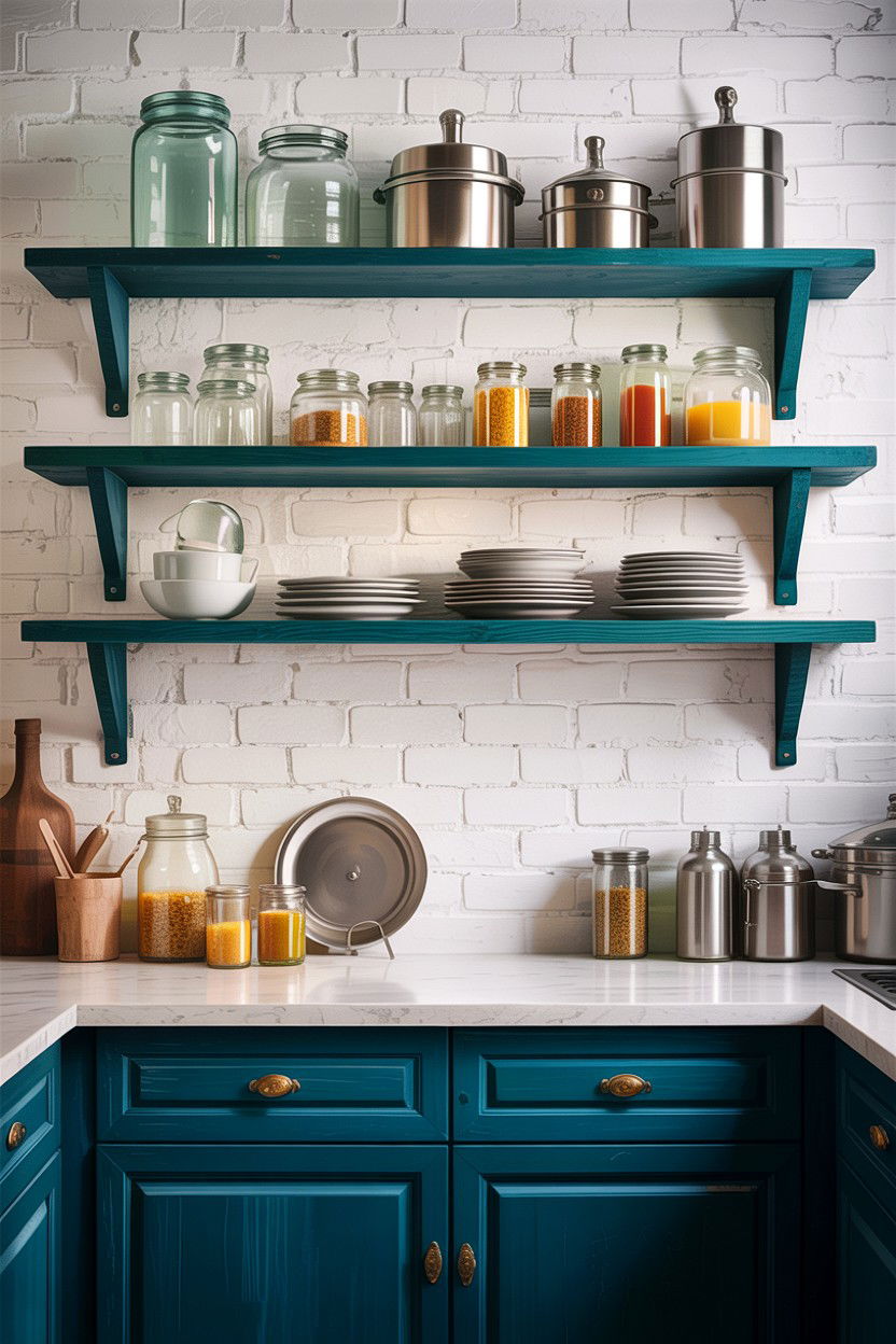 Teal Open Shelving - 30 teal kitchen decor ideas