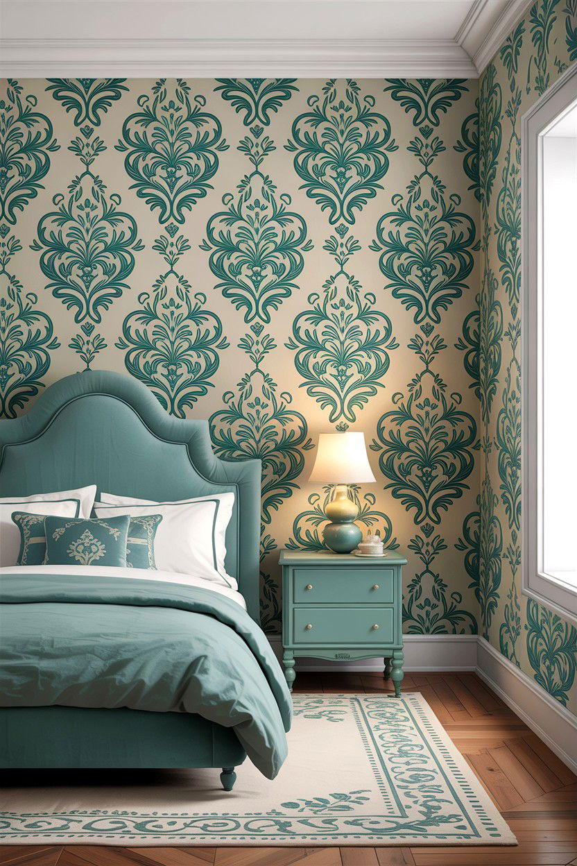 Teal Patterned Wallpaper - 30 traditional teal bedroom ideas