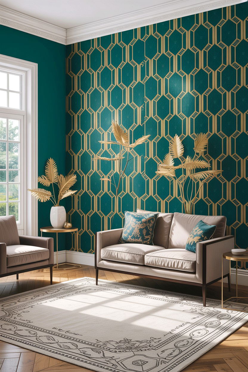 Teal Patterned Wallpaper - 30 teal living room decor ideas