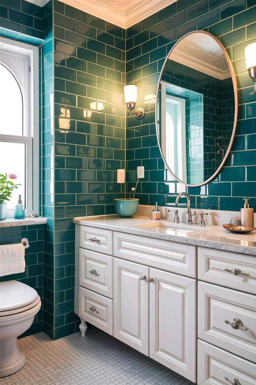 Teal Subway Tile Backsplash White Vanity - 30 teal and white bathroom ideas