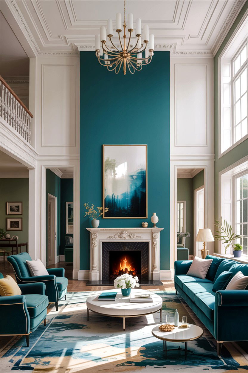 Teal White High Ceiling Living Room - 30 teal and white living room ideas