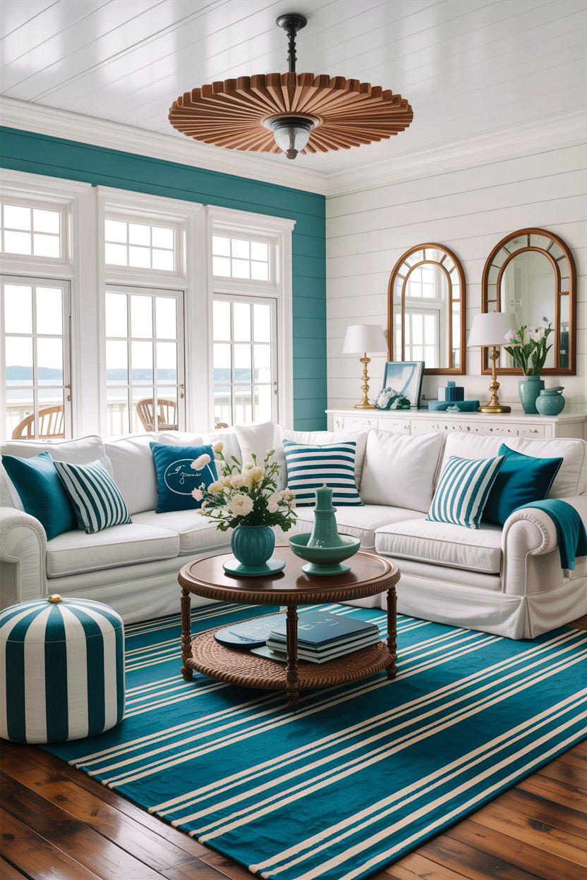 Teal White Nautical Living Room - 30 teal and white living room ideas