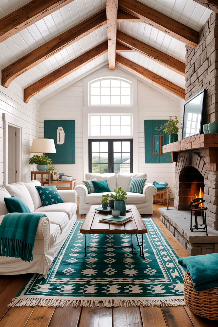 Teal White Rustic Living Room - 30 teal and white living room ideas