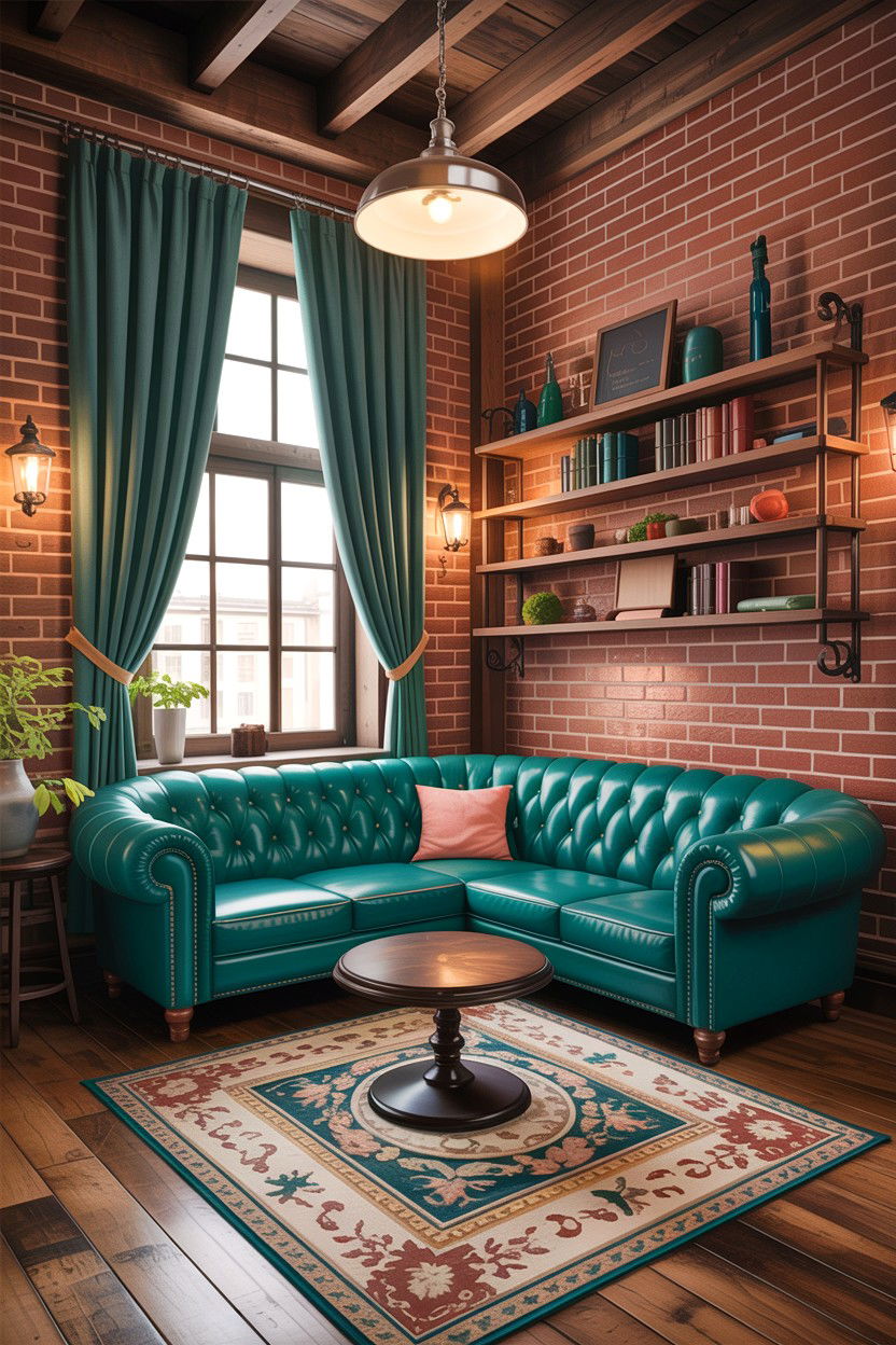 Teal and brick rustic lounge - 30 rustic teal living room ideas