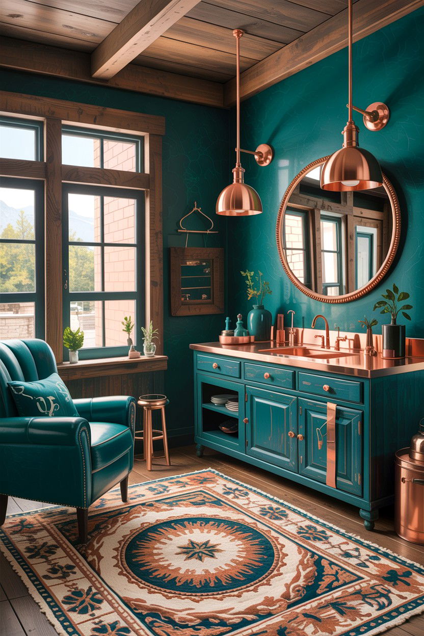 Teal and copper rustic interior - 30 rustic teal living room ideas