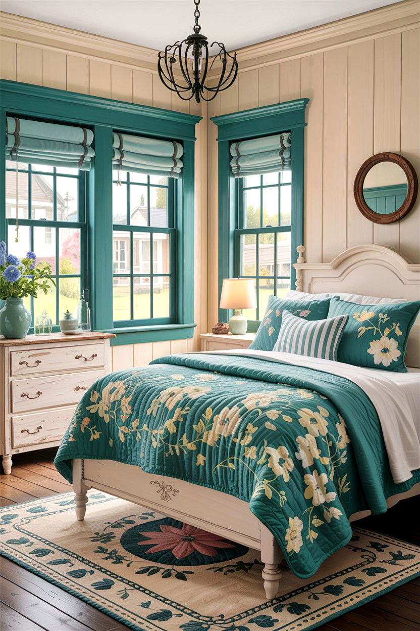 Teal and cream farmhouse bedroom - 30 rustic teal bedroom ideas