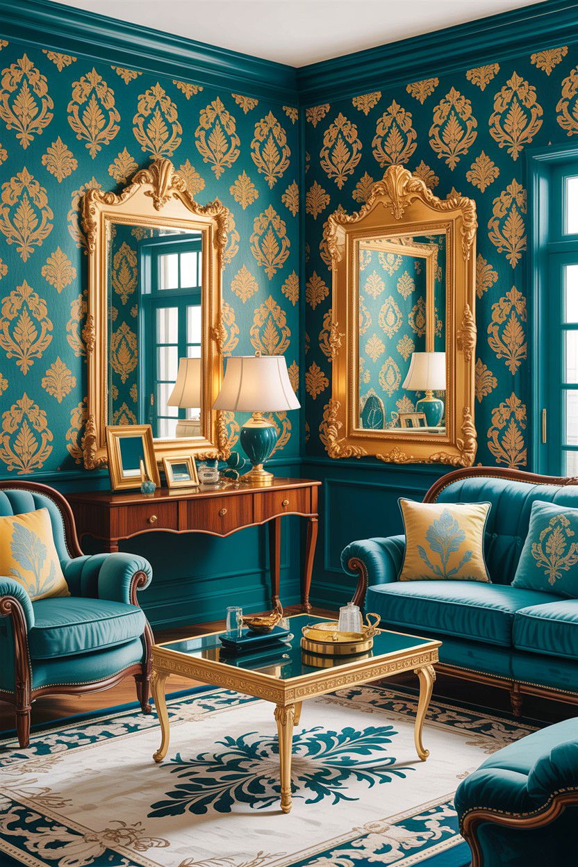 Teal and gold damask wallpaper - 30 living room damask wallpapers
