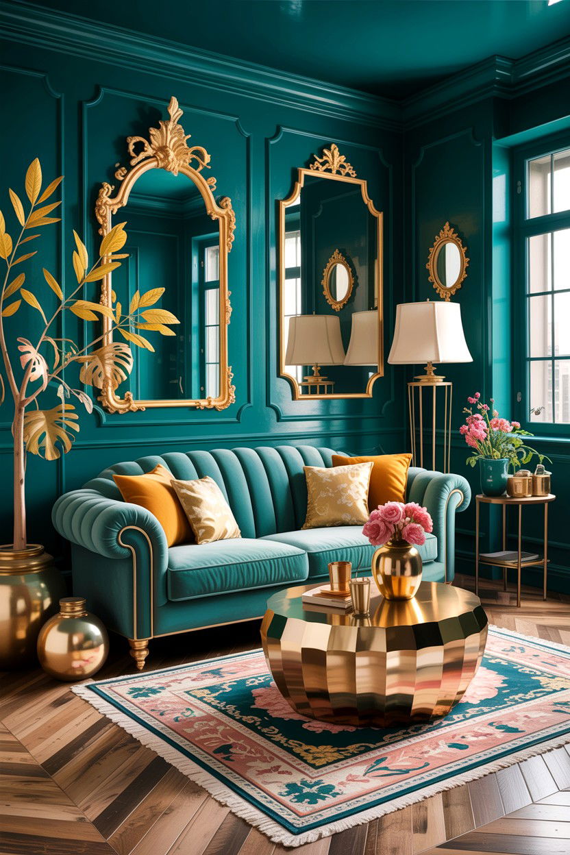 Teal and gold rustic interior - 30 rustic teal living room ideas