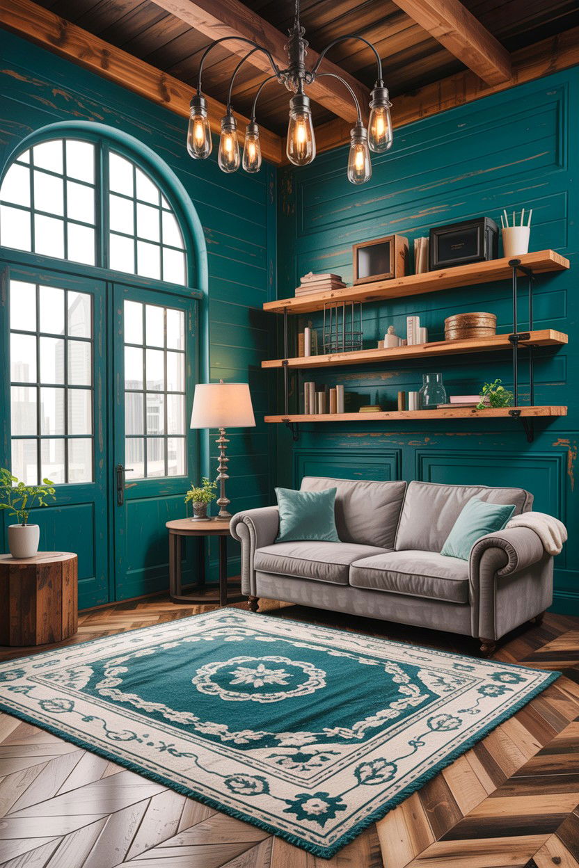Teal and gray rustic lounge - 30 rustic teal living room ideas