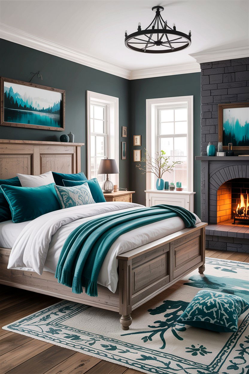 Teal and grey rustic bedroom - 30 rustic teal bedroom ideas