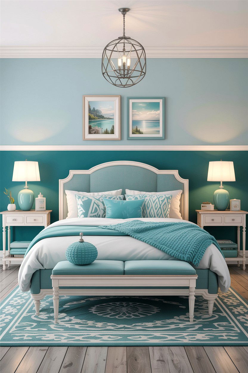 Teal and light grey bedroom - 30 bedroom two tone walls