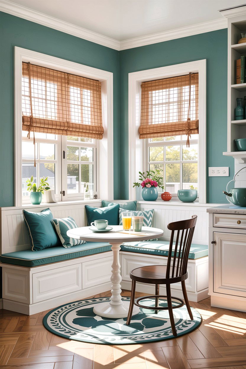 Teal and white breakfast nook - 30 teal and white dining room ideas