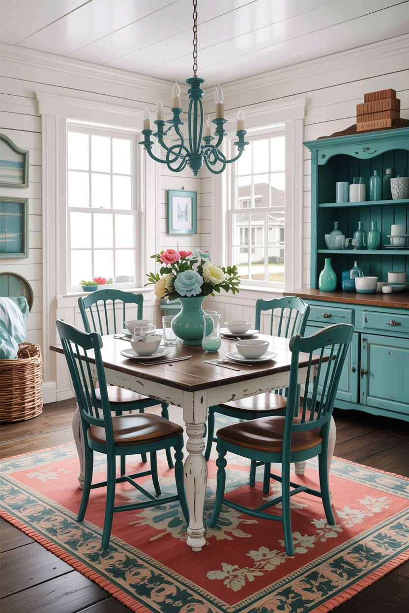 Teal and white coastal cottage dining room - 30 teal and white dining room ideas