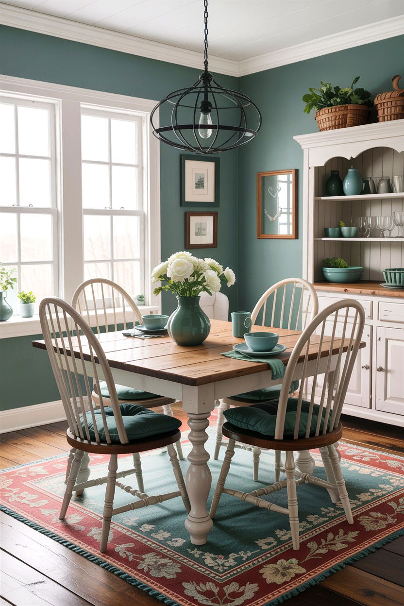 Teal and white farmhouse dining room - 30 teal and white dining room ideas