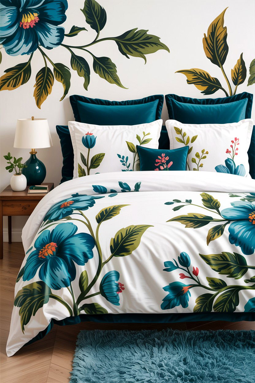 Teal and white floral bedding - 30 teal and white bedroom ideas