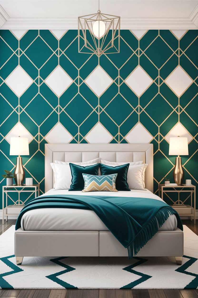 Teal and white geometric wallpaper - 30 teal and white bedroom ideas