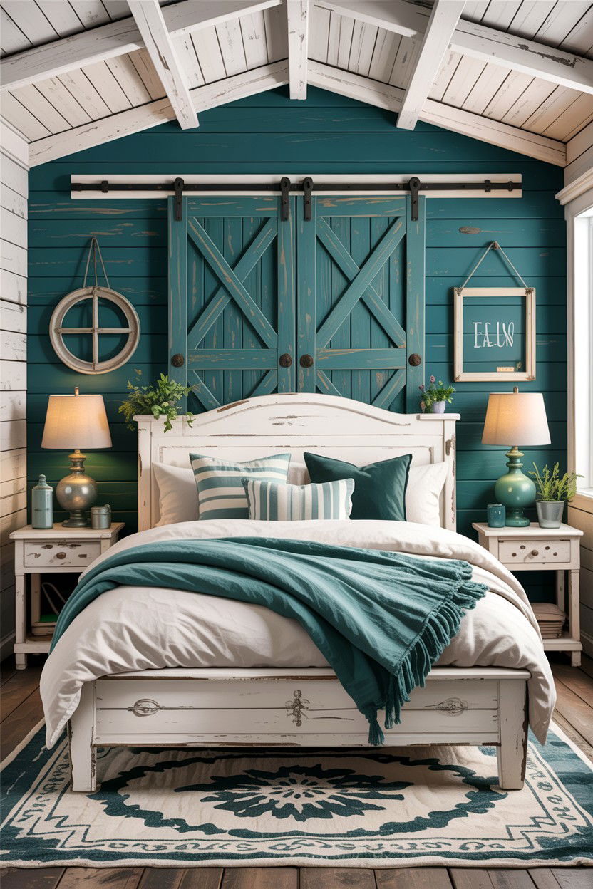 Teal and white rustic farmhouse - 30 teal and white bedroom ideas