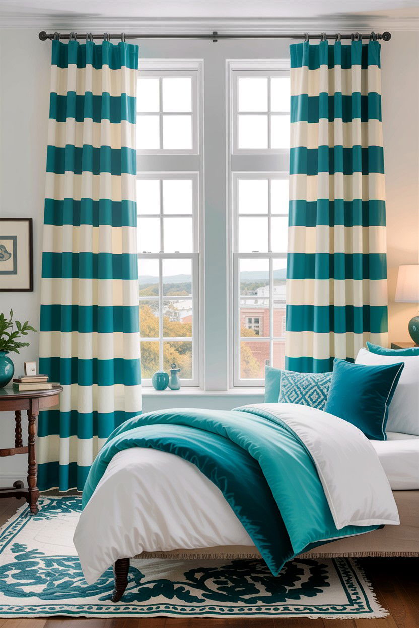 Teal and white striped curtains - 30 teal and white bedroom ideas