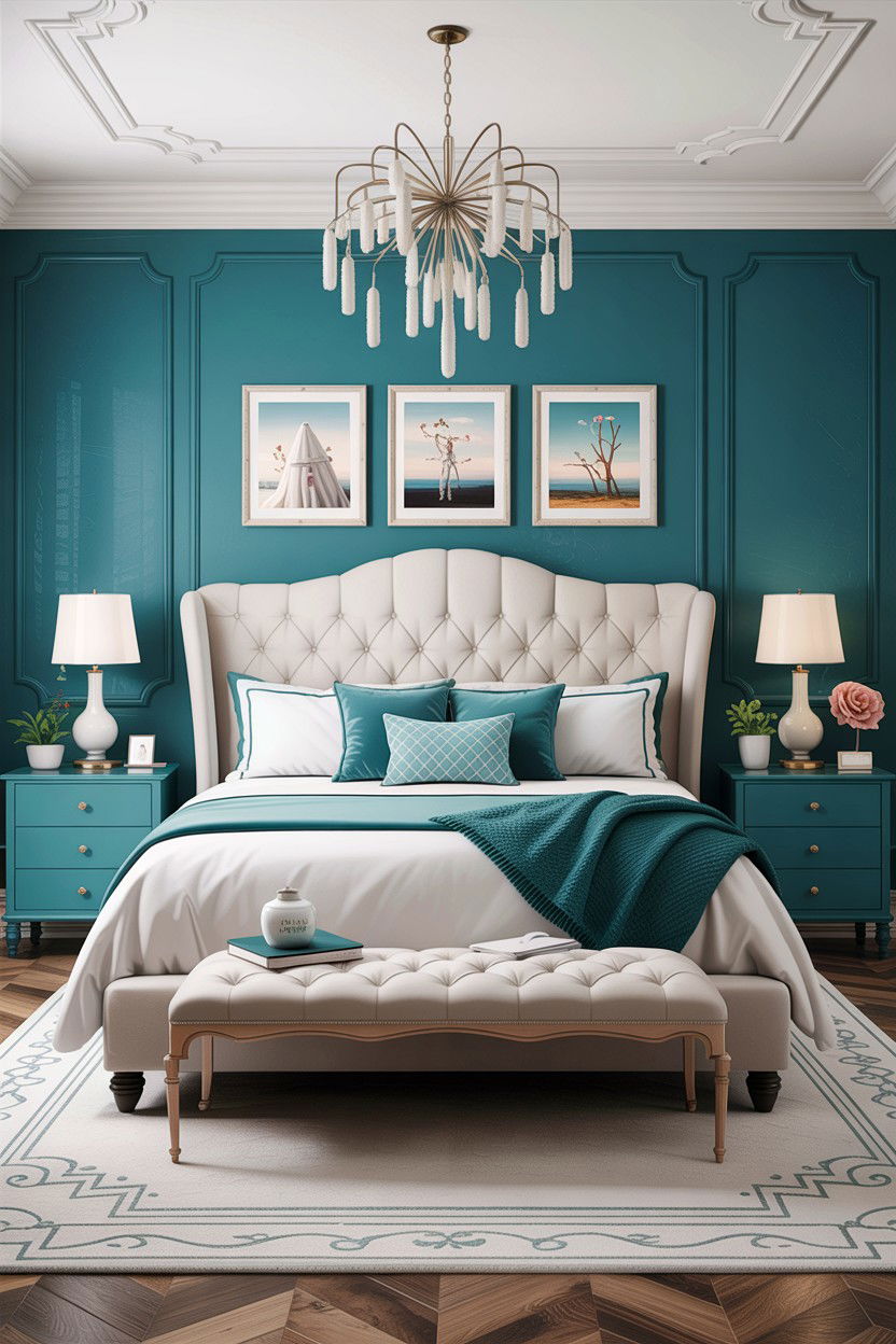 Teal and white transitional style - 30 teal and white bedroom ideas