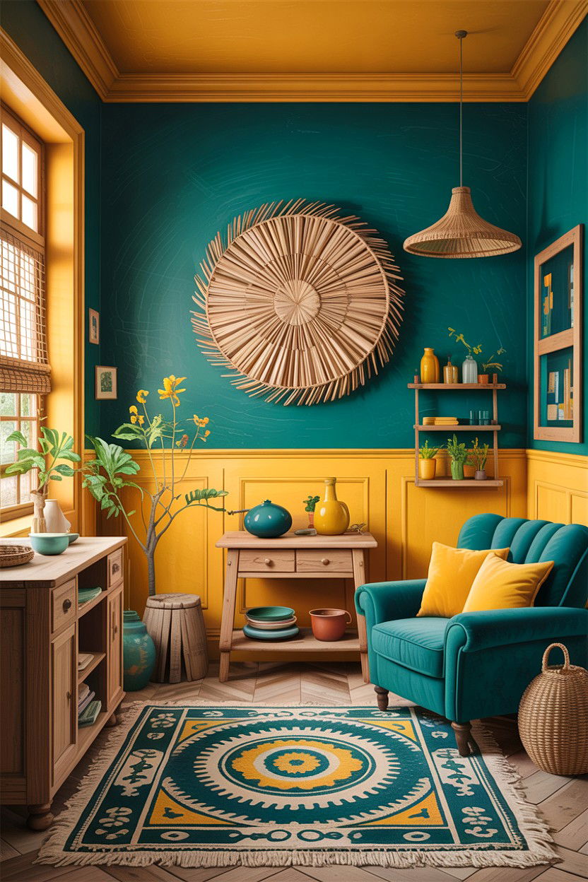 Teal and yellow rustic interior - 30 rustic teal living room ideas