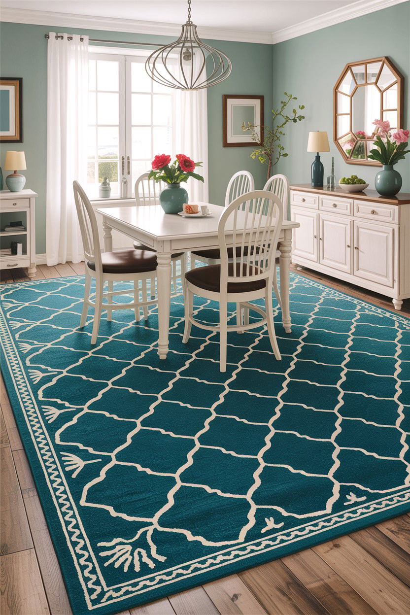 Teal area rug for dining room - 30 teal and white dining room ideas