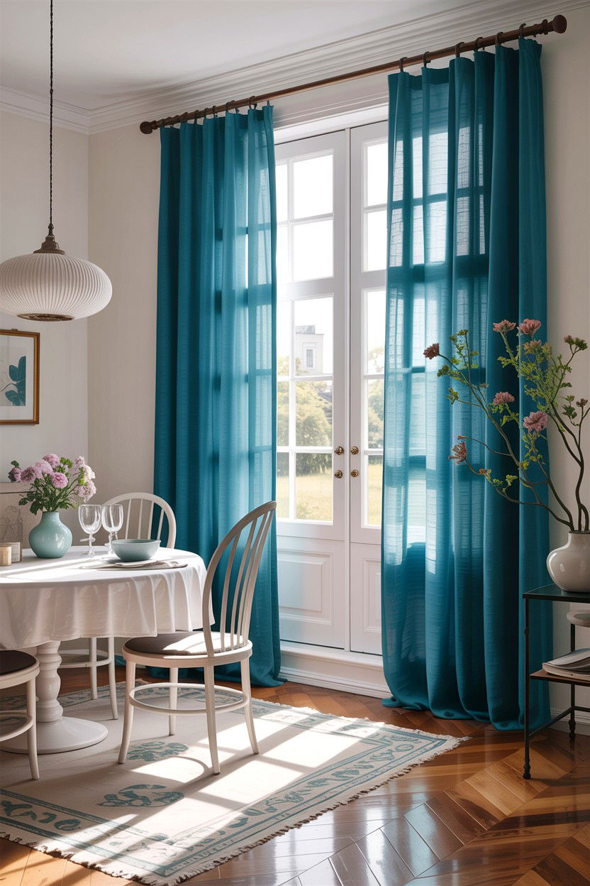 Teal blue dining room curtains - 30 teal and white dining room ideas