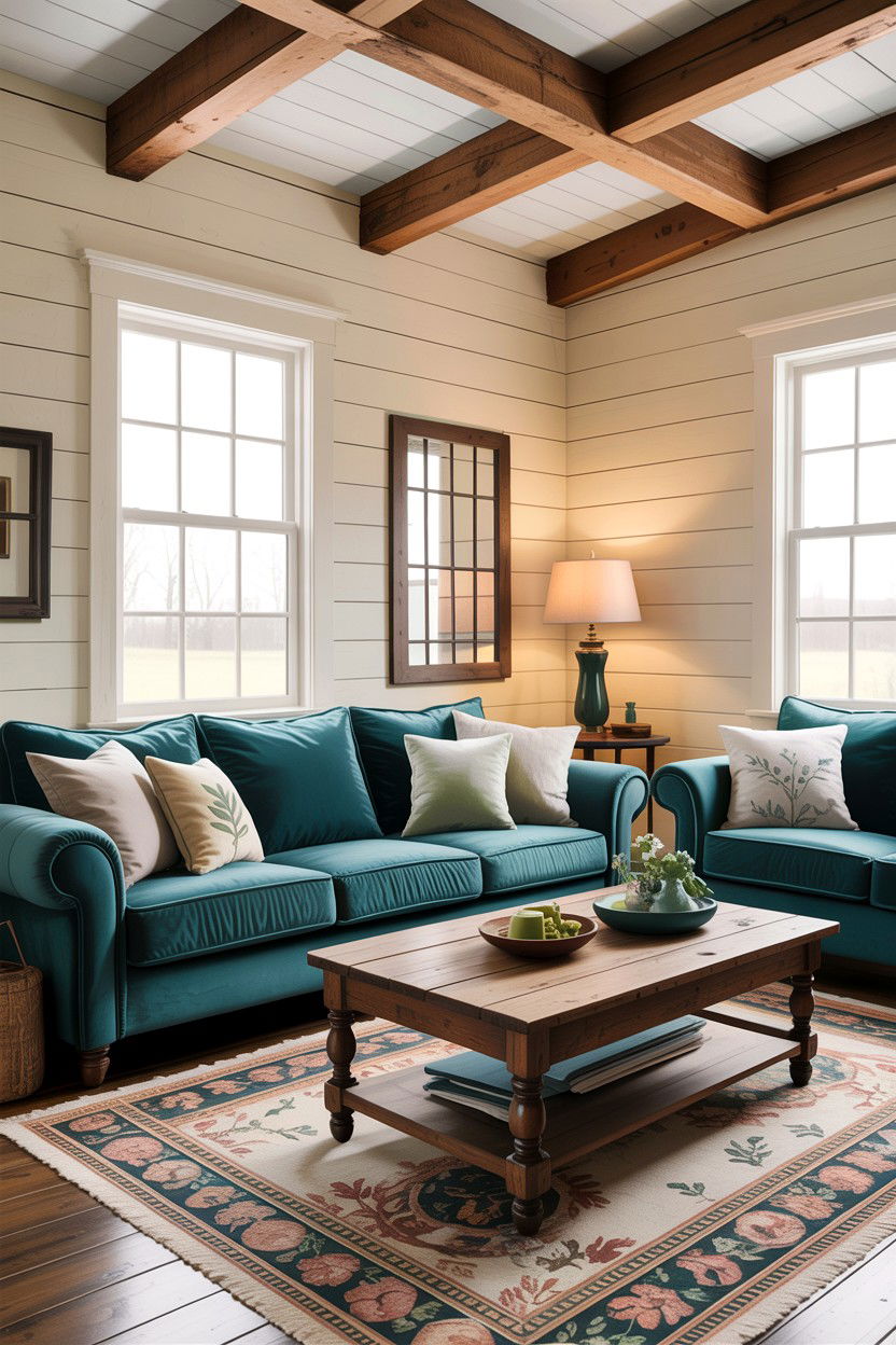 Teal farmhouse living room - 30 rustic teal living room ideas