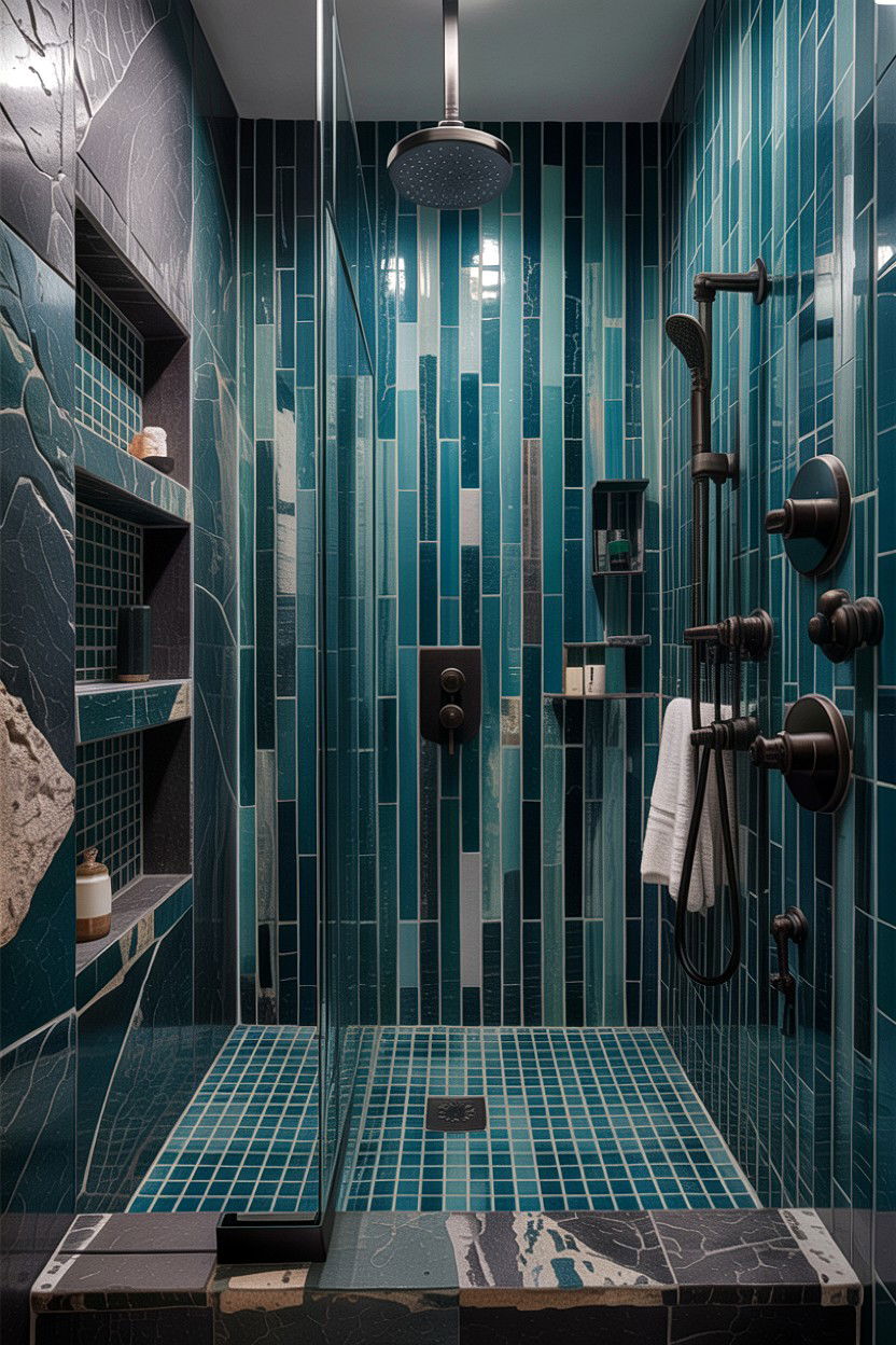 Teal glass mosaic walk in shower - 30 glass mosaic bathroom ideas