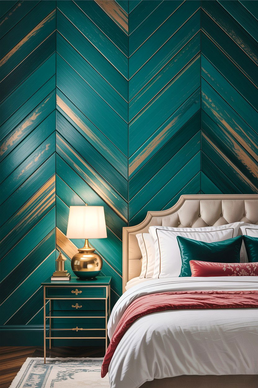 Teal herringbone bedroom wall - 30 bedroom herringbone wall ideas