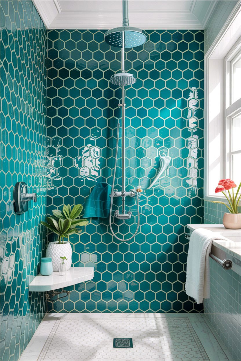 Teal honeycomb tile shower wall - 30 honeycomb tile bathroom ideas