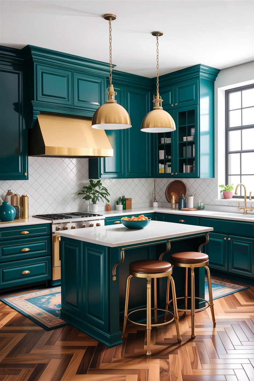 Teal kitchen brass lighting - 30 teal kitchen design ideas