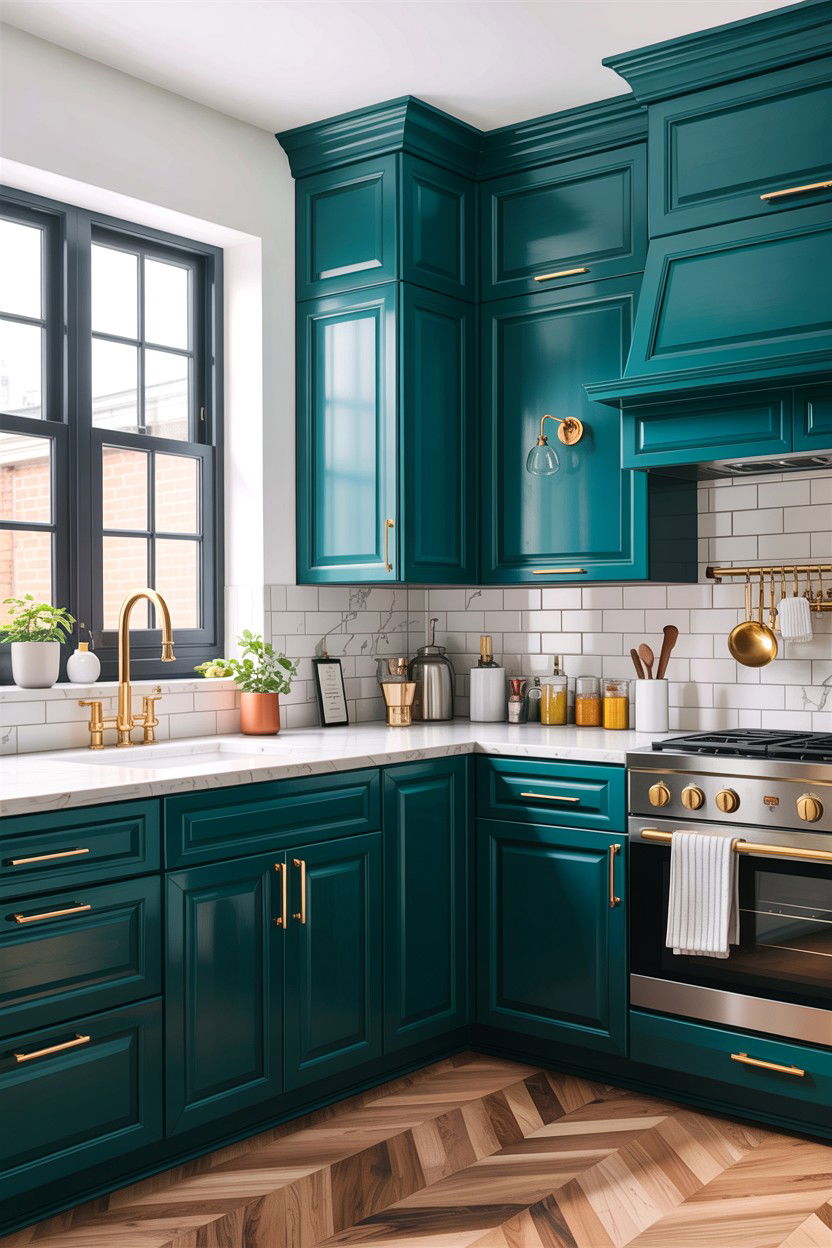 Teal kitchen cabinets gold hardware - 30 teal kitchen design ideas