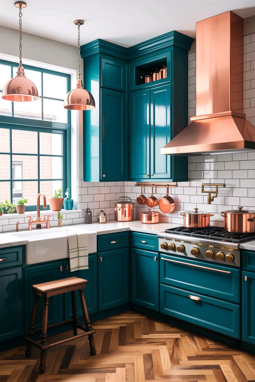 Teal kitchen copper accents - 30 teal kitchen design ideas