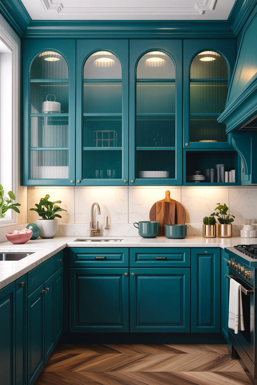 Teal kitchen glass cabinet doors - 30 teal kitchen design ideas