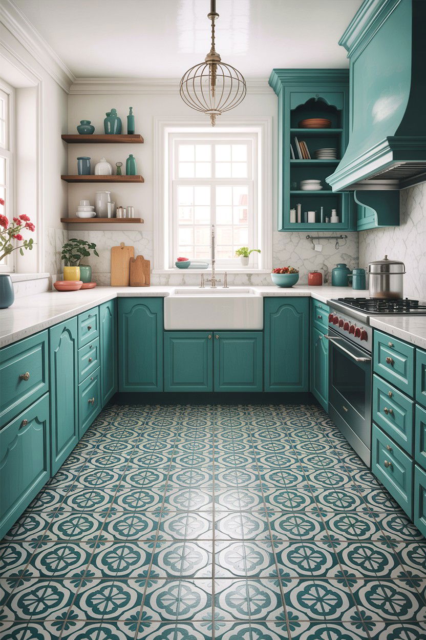 Teal kitchen patterned floor - 30 teal kitchen design ideas