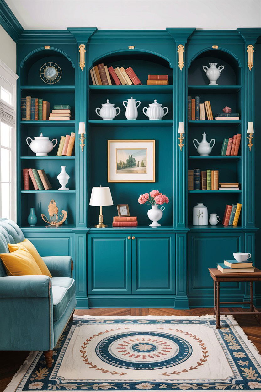 Teal living room with built ins - 30 traditional teal living room ideas