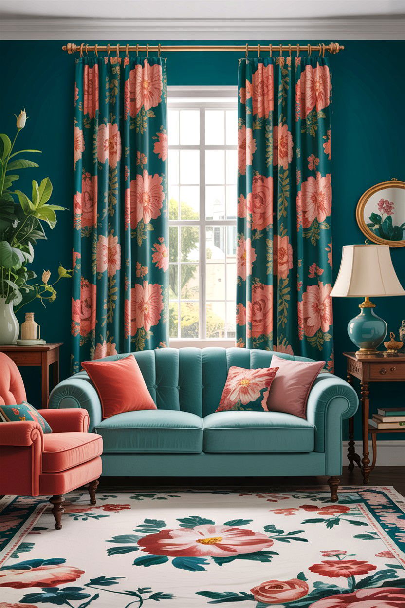 Teal living room with floral patterns - 30 traditional teal living room ideas