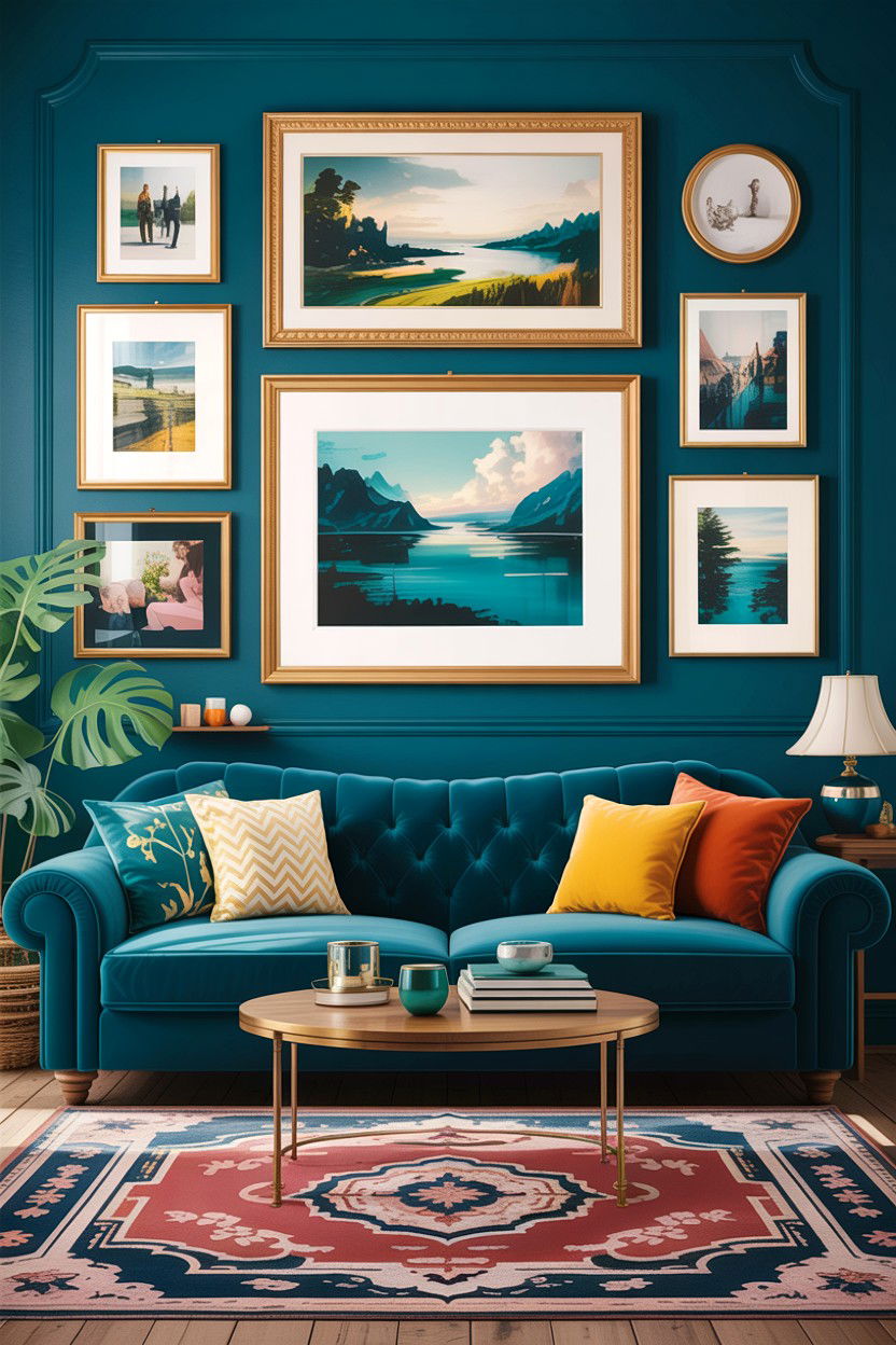 Teal living room with gallery wall - 30 traditional teal living room ideas