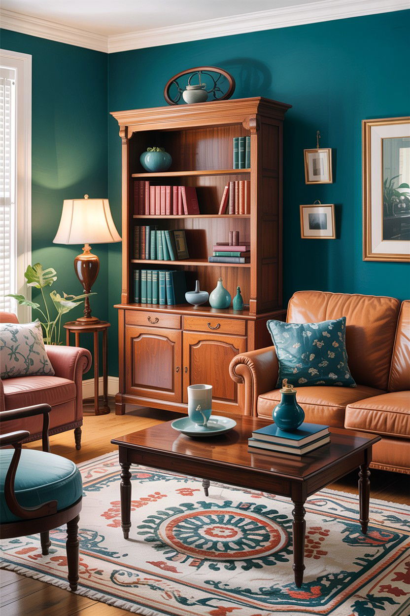 Teal living room with wood furniture - 30 traditional teal living room ideas