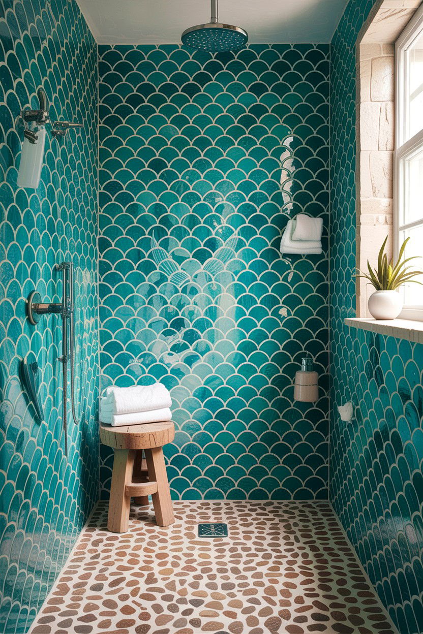 Teal mermaid tile walk in shower - 30 fish scale tile bathroom ideas