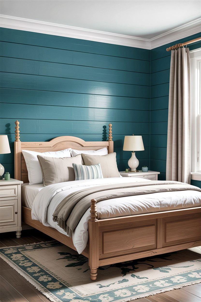 Teal shiplap bedroom wall - 30 rustic teal bedroom ideas