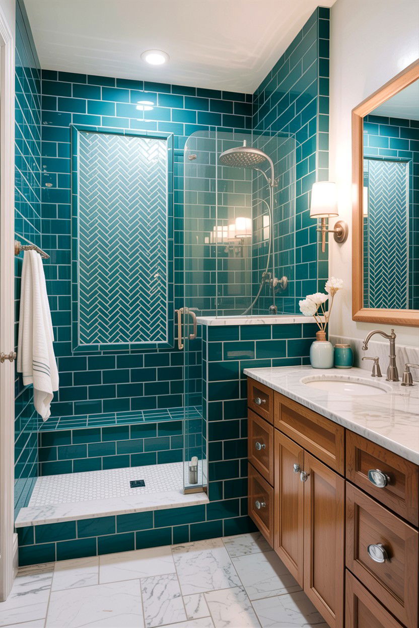 Teal subway tile bathroom - 30 colored subway tile bathroom ideas