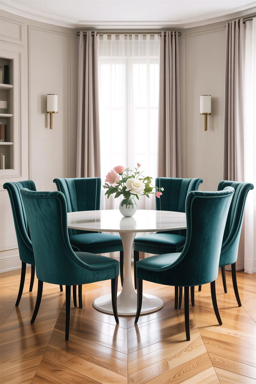 Teal velvet dining chairs - 30 teal and white dining room ideas