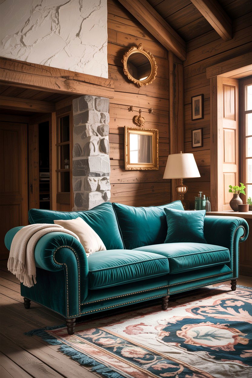 Teal velvet sofa rustic room - 30 rustic teal living room ideas