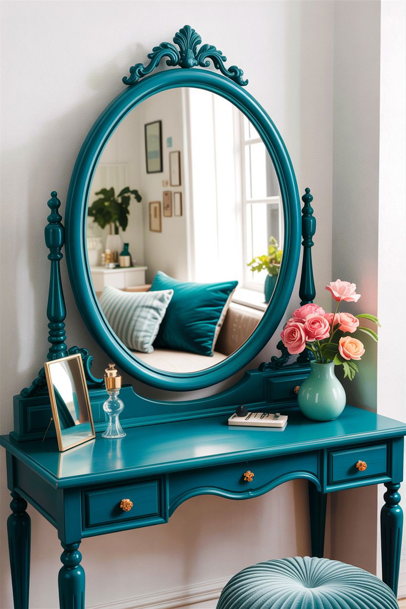 Teal vintage vanity mirror - 30 bedroom vintage vanity ideas