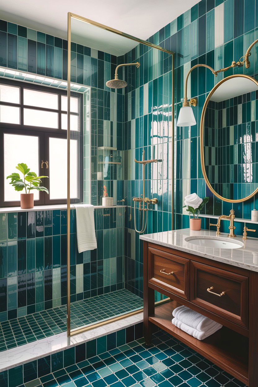 Teal zellige tile bathroom - 30 jewel tone bathroom ideas
