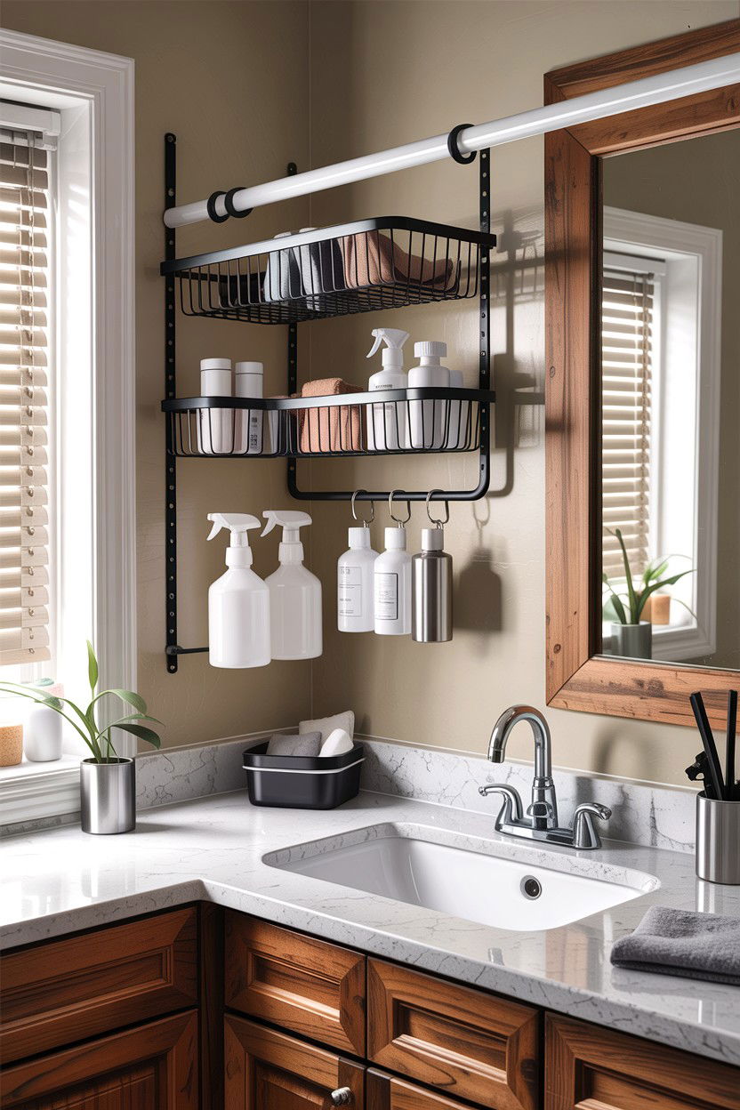 Tension rod shelf - 30 small bathroom space storage ideas
